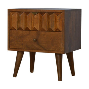 Chestnut Prism Bedside Table | Solid Wood | Hand-Carved Drawer Front