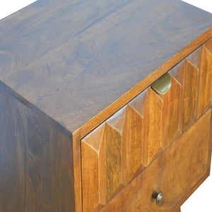 Chestnut Prism Bedside Table | Solid Wood | Hand-Carved Drawer Front