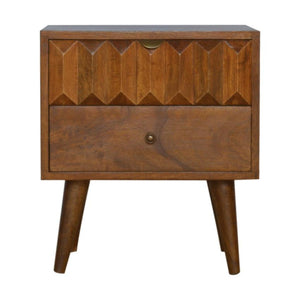 Chestnut Prism Bedside Table | Solid Wood | Hand-Carved Drawer Front