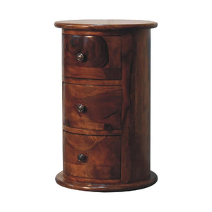 Chestnut Sheesham Drum Chest | 3 Drawer Storage | Rounded Bedroom Cabinet