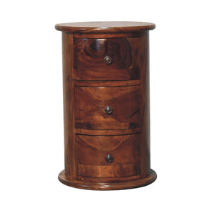 Chestnut Sheesham Drum Chest | 3 Drawer Storage | Rounded Bedroom Cabinet