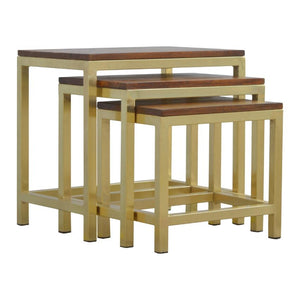 Chunky Mango Wood Nesting Stools | Set of 3 | Gold Metal Frames