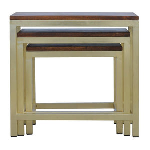 Chunky Mango Wood Nesting Stools | Set of 3 | Gold Metal Frames