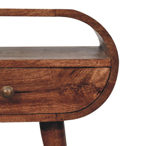 Circular Bedside Table | Solid Mango Wood | Honey Caramel Finish | Open Shelf