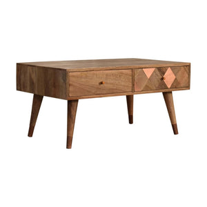 Copper Mosaic Coffee Table | Solid Mango Wood | Oak Finish | 2 Drawers