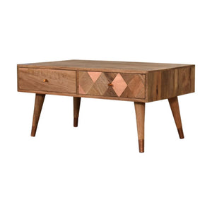 Copper Mosaic Coffee Table | Solid Mango Wood | Oak Finish | 2 Drawers