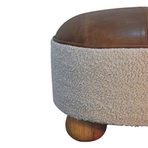 Cream Bouclé & Buffalo Leather Footstool | Mixed Texture Ottoman | Soft Accent Seating