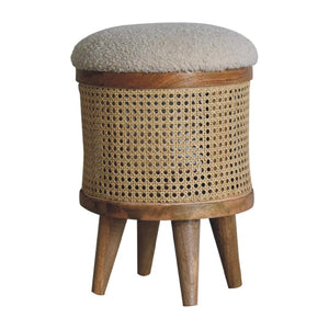 Cream Bouclé Larissa Footstool | Rattan & Solid Mango Wood | Nordic Round Stool