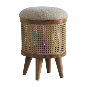 Cream Bouclé Larissa Footstool | Rattan & Solid Mango Wood | Nordic Round Stool