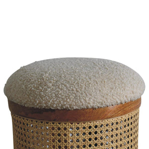 Cream Bouclé Larissa Footstool | Rattan & Solid Mango Wood | Nordic Round Stool