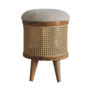 Cream Bouclé Larissa Footstool | Rattan & Solid Mango Wood | Nordic Round Stool