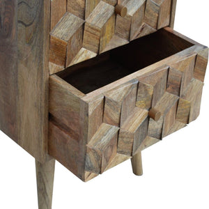 Cube Carved 2 Drawer Bedside Table | Sculptural Detail | Bedroom Storage