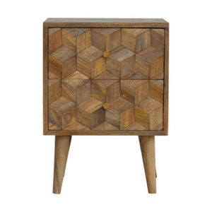 Cube Carved 2 Drawer Bedside Table | Sculptural Detail | Bedroom Storage