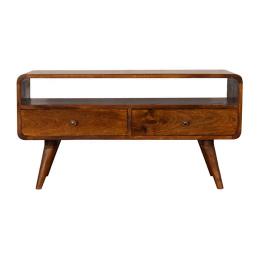 Curve Chestnut Cable TV Unit | Solid Mango Wood | 2 Drawers & Open Shelf