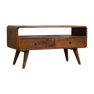 Curve Chestnut Cable TV Unit | Solid Mango Wood | 2 Drawers & Open Shelf