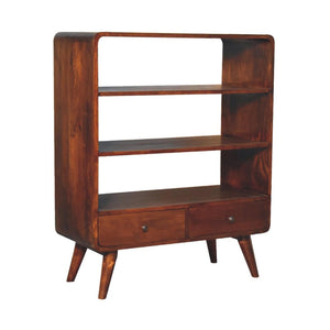 Curved Chestnut Low Bookcase | Solid Mango Wood | Chestnut Finish | 2 Drawer Display Storage
