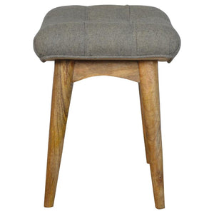 Curved Grey Tweed Footstool Bench | Solid Mango Wood | Oak-Style Legs