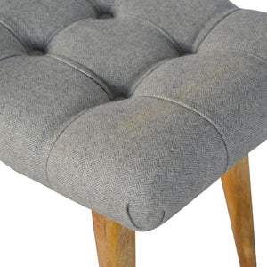 Curved Grey Tweed Footstool Bench | Solid Mango Wood | Oak-Style Legs