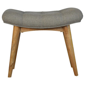 Curved Grey Tweed Footstool Bench | Solid Mango Wood | Oak-Style Legs