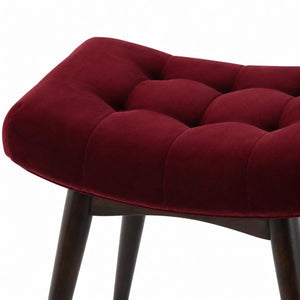 Curved Hallway Bench | Wine Red Cotton Velvet | Solid Mango Wood Frame | Upholstered Seating