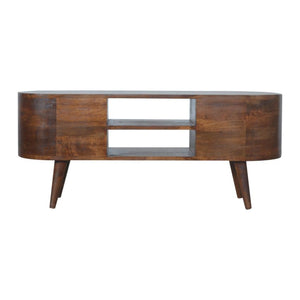 Curved Mango Wood Entertainment Unit | Chestnut Finish | 4 Drawers & Open Shelves