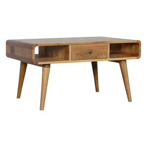 Curved Oak Finish Coffee Table | 2 Drawers | Solid Mango Wood