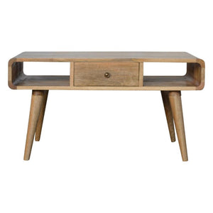Curved Oak Finish Coffee Table | 2 Drawers | Solid Mango Wood