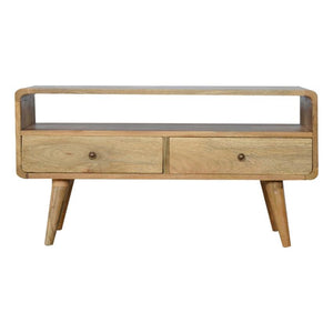 Curved Oak Finish Media Unit | 2 Drawers | Solid Mango Wood