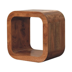 Darcy Round Bedside Table | Solid Acacia Wood | Caramel Finish | Open Cube Nightstand
