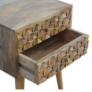Diamond Carved 2 Drawer Bedside Table | Geometric Detail | Bedroom Storage