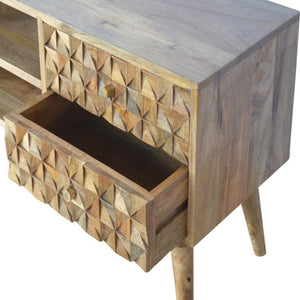 Diamond Carved Oak-ish Media Unit | Geometric Detail | Living Room Furniture