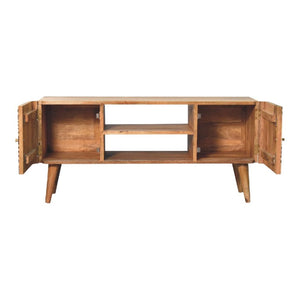 Edessa Media Unit | Solid Mango Wood | Oak-Ish Finish | Bone Inlay Cabinet Doors