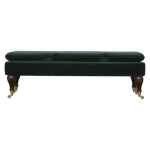 Emerald Velvet Castor Bench | Solid Mango Wood | Button Tufted Upholstery | Classic Seating