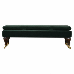 Emerald Velvet Castor Bench | Solid Mango Wood | Button Tufted Upholstery | Classic Seating