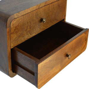 Floating Curved Bedside Table | Solid Mango Wood | Chestnut Finish | 2 Drawers