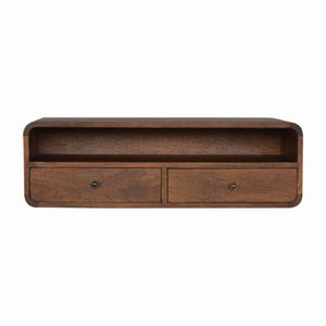 Floating Mango Wood Console Unit | Chestnut Finish | 2 Drawers & Open Shelf