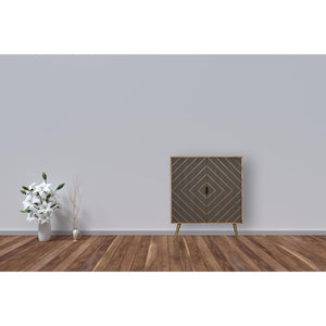 Foundry Brass Inlay Cabinet | Solid Mango Wood | Cement Grey Doors | Oak Finish