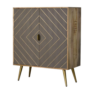 Foundry Brass Inlay Cabinet | Solid Mango Wood | Cement Grey Doors | Oak Finish