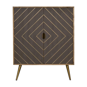 Foundry Brass Inlay Cabinet | Solid Mango Wood | Cement Grey Doors | Oak Finish