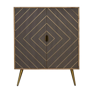 Foundry Brass Inlay Cabinet | Solid Mango Wood | Cement Grey Doors | Oak Finish