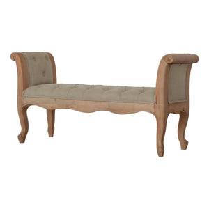 French Carved Bench | Mud Linen Upholstery | Solid Mango Wood Frame | Classic Seating