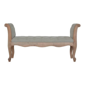 French Carved Bench | Mud Linen Upholstery | Solid Mango Wood Frame | Classic Seating