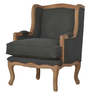 French Carved Linen Armchair | Ink Upholstery | Solid Mango Wood