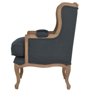 French Carved Linen Armchair | Ink Upholstery | Solid Mango Wood