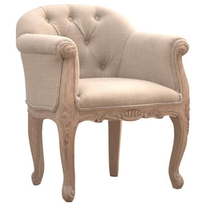 French Linen Accent Chair | Deep Button Tufting | Carved Mango Wood