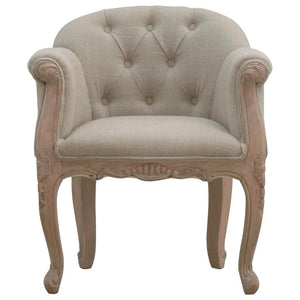 French Linen Accent Chair | Deep Button Tufting | Carved Mango Wood