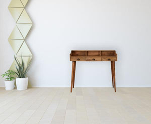 Gallery Back Cable Writing Desk | Solid Mango Wood | Oak Finish | 3 Drawers & 3 Slots