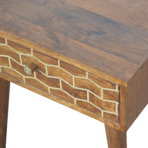 Gold Art Pattern Bedside Table | Brass Inlay Design | Solid Mango Wood Bedroom Furniture