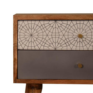 Grey Patterned Bedside Table | Solid Mango Wood | Oak Finish | 2 Drawers