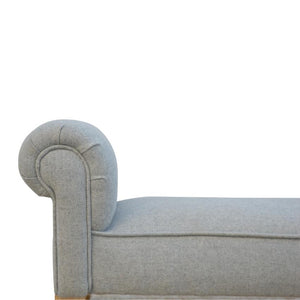 Grey Tweed Scroll Arm Bench | Turned Mango Wood Legs